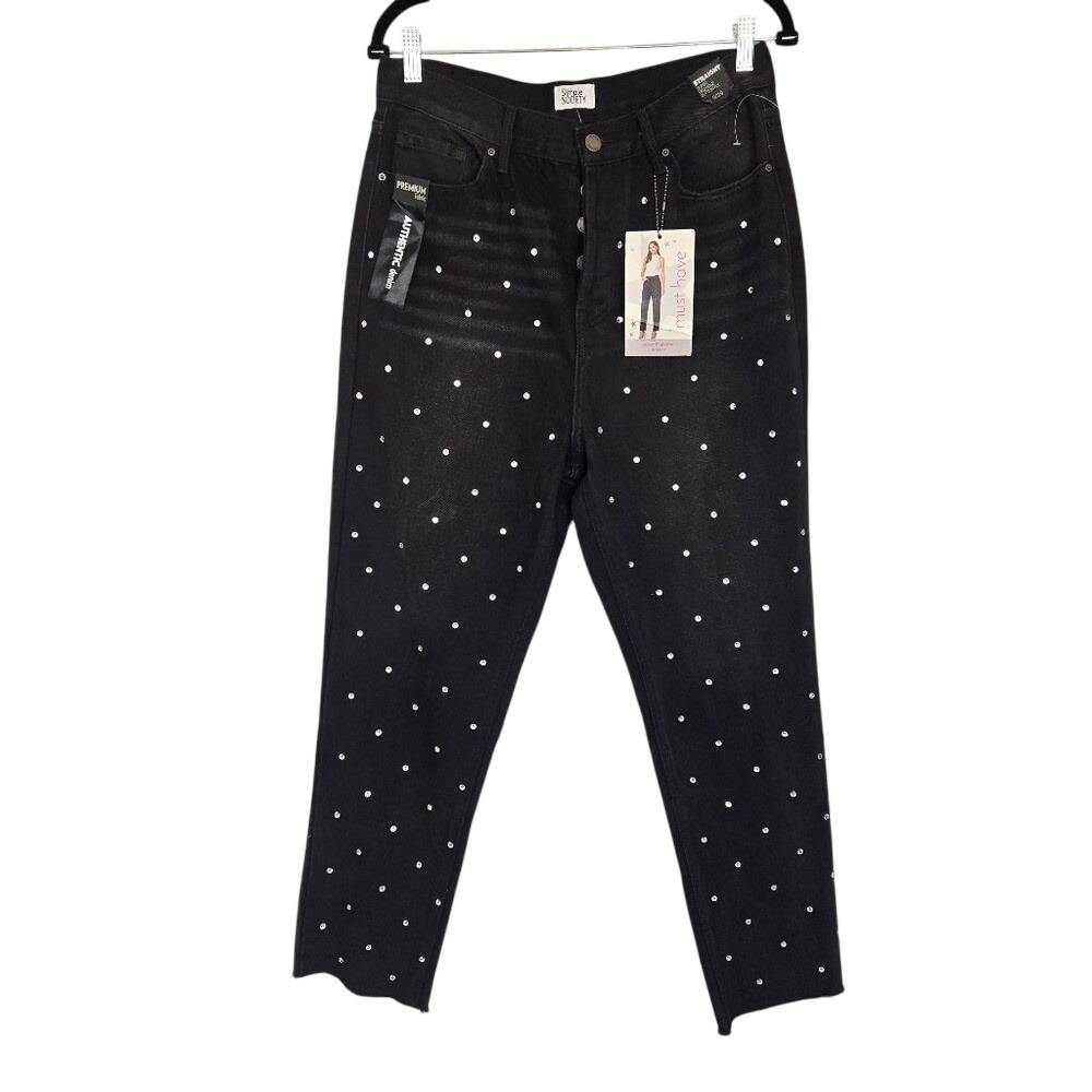 Simple Society Black Rhinestone Straight Denim Jeans Size 9/29 Glam Y2K Party - Picture 2 of 12